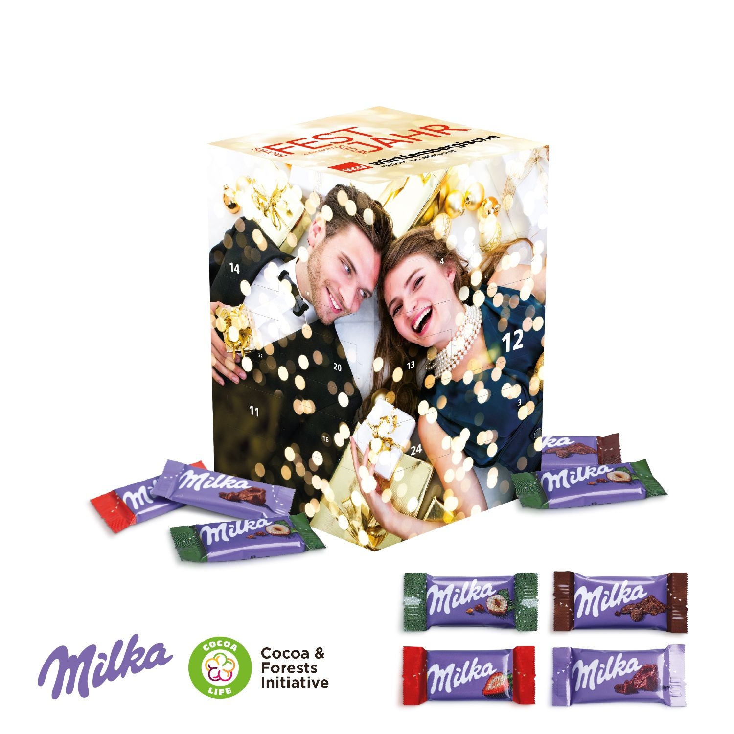 CD95182-01Adventskalender Cube _XL_ mit Milka Schokolade_ Motiv-Vorlage