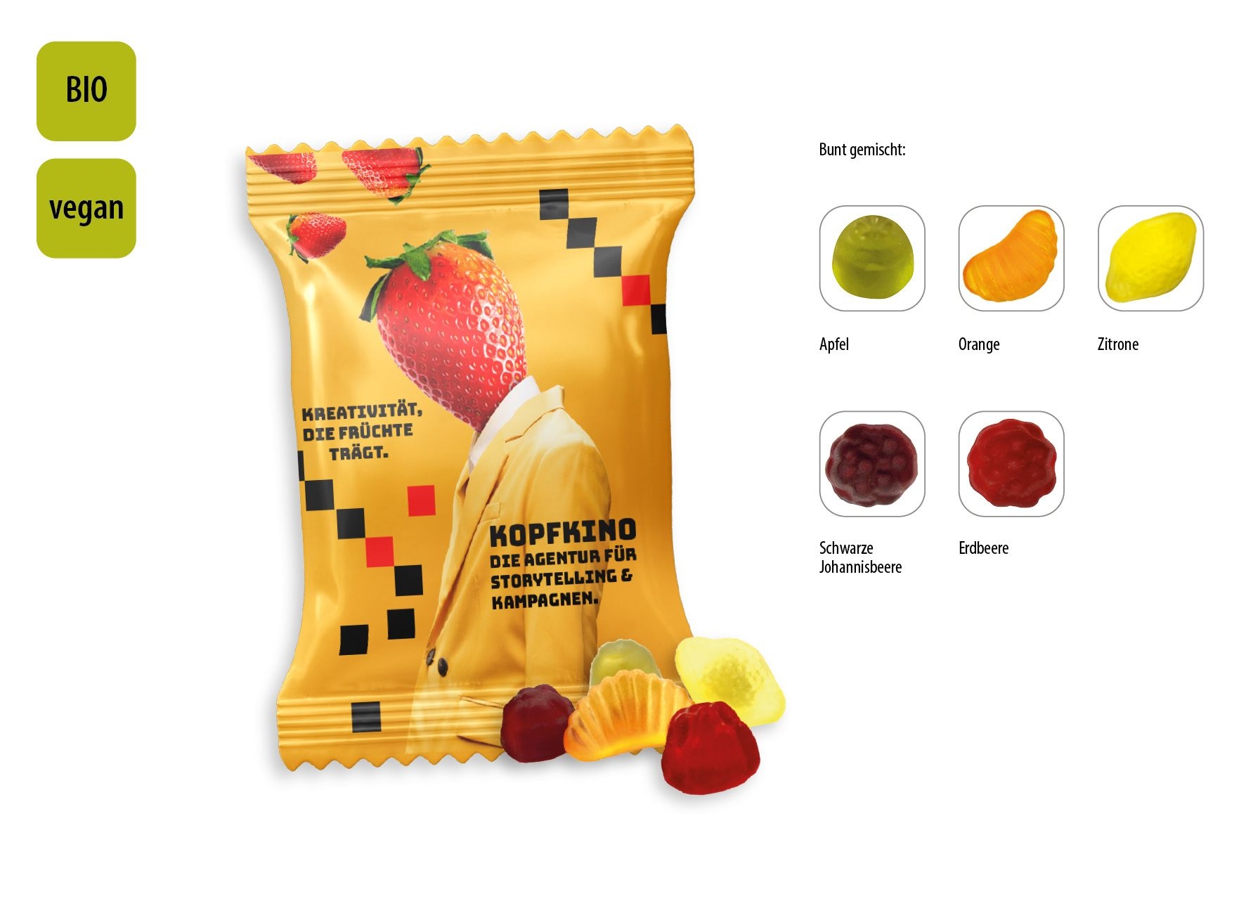 SW0778-1BIO Mini Fruechte vegan Werbetuete_Vegane BIO Mini Fruechte_ weisse Folie