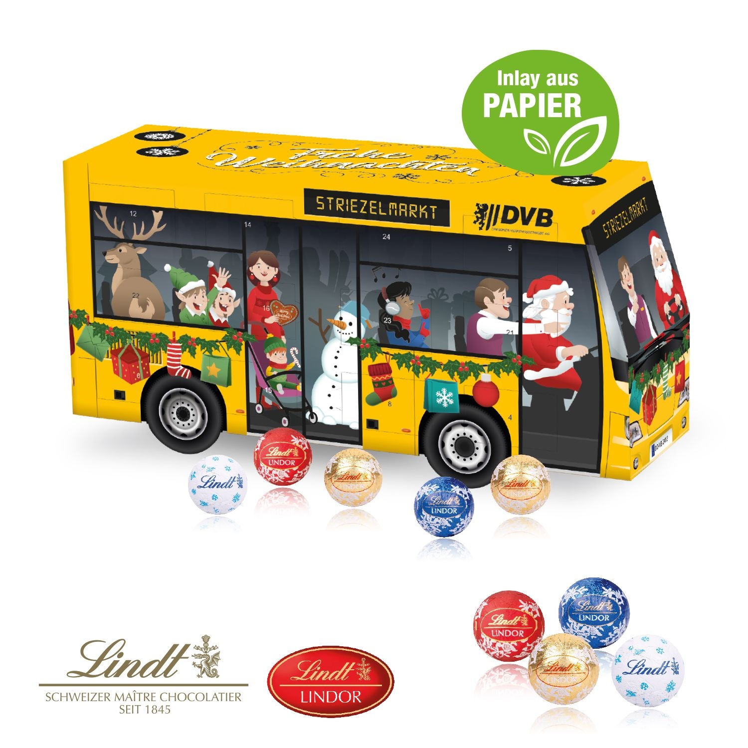 CD55356-023D Adventskalender _Bus_ mit Lindt Schokolade mit Papier-Inlay_ Individuelles Motiv