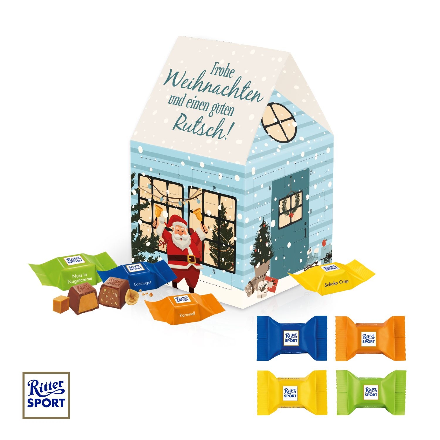 CD95187Adventskalender Haus mit Ritter SPORT Schokowuerfel