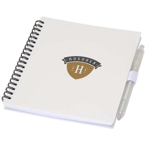 PF106298-1Niove Softcover Notizbuch aus recyceltem Kunststoff mit Kugelschreiber _blaue Mine_ weiss