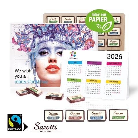 CD55365„2 in 1“ Marken-Adventskalender Sarotti mit Jahresplaner_ Inlay aus Papier