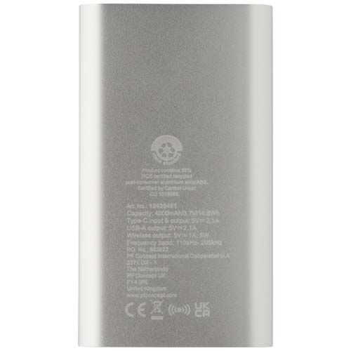 PF124384-3Juice 4000 mAh Typ-C kabellose Powerbank aus recyceltem Aluminium _ silber