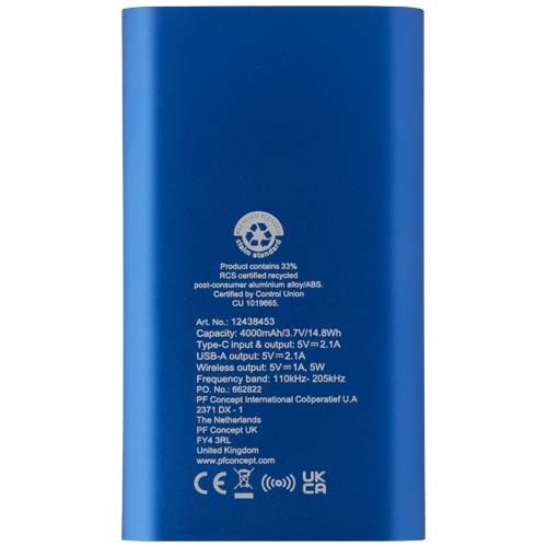 PF124384-2Juice 4000 mAh Typ-C kabellose Powerbank aus recyceltem Aluminium _ royalblau