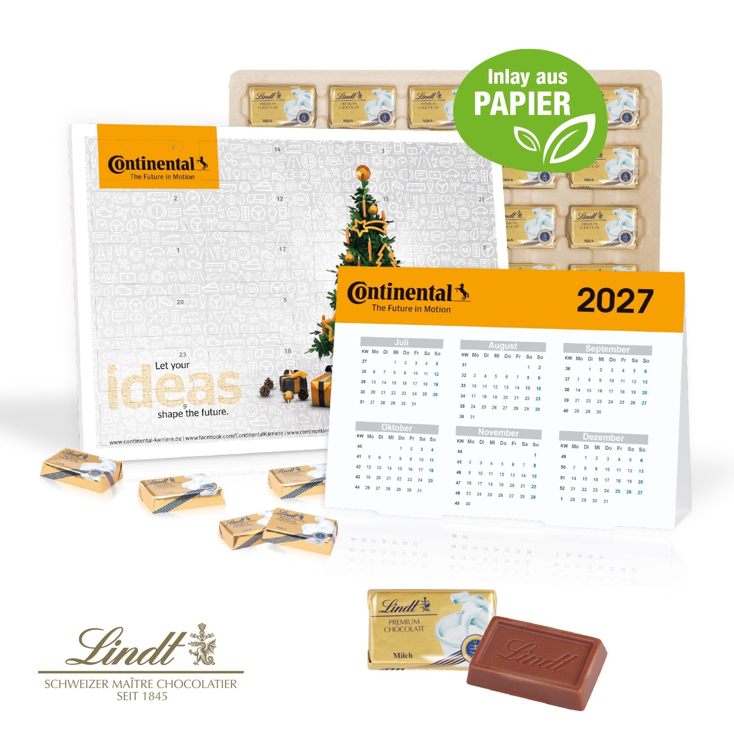 CD55366-02„2 in 1“ Marken-Adventskalender Lindt Schokolade mit Jahresplaner_ Inlay aus Papier_ Individuelles M