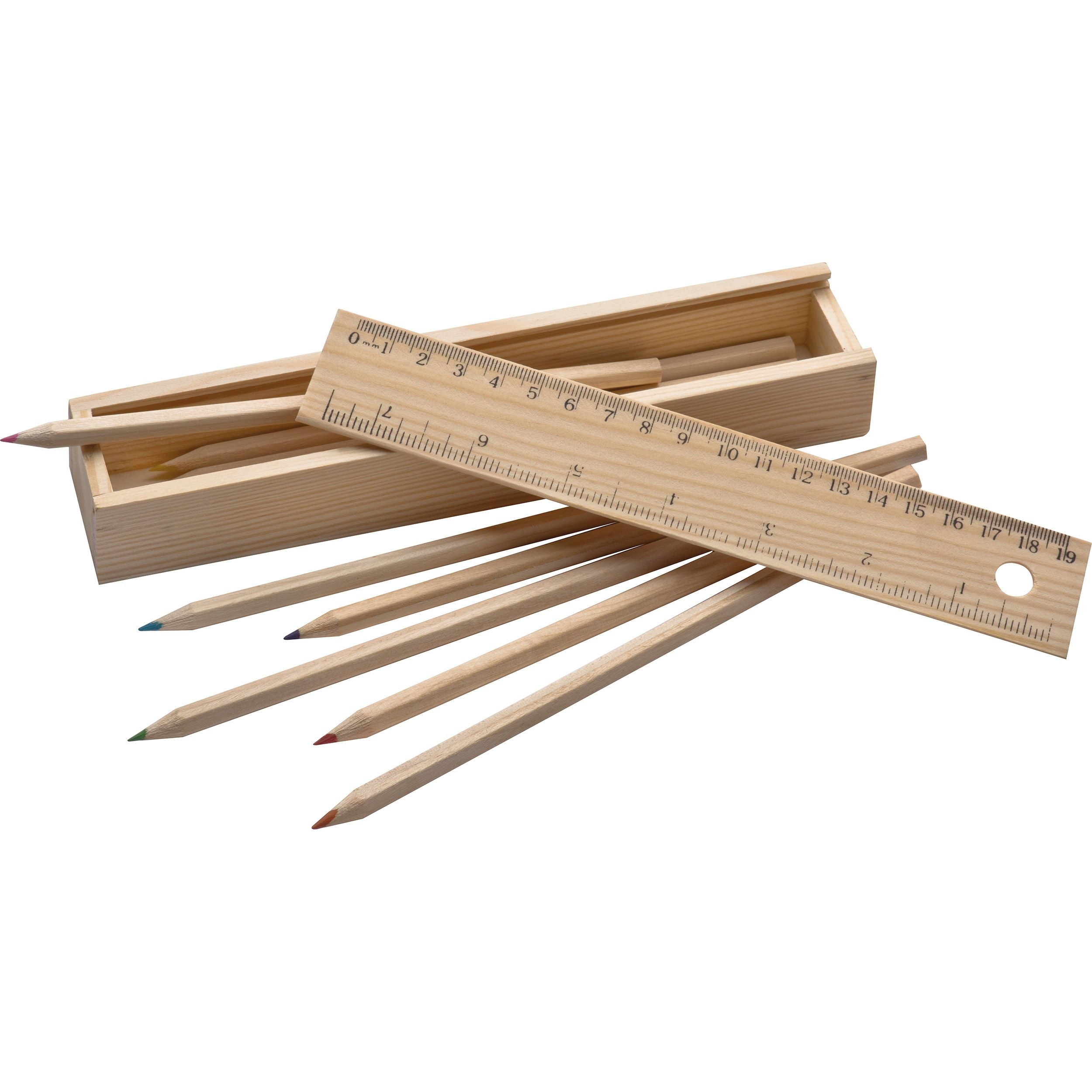 MA53944-01Holzbox mit 8 Buntstiften und Lineal ADELE_ braun