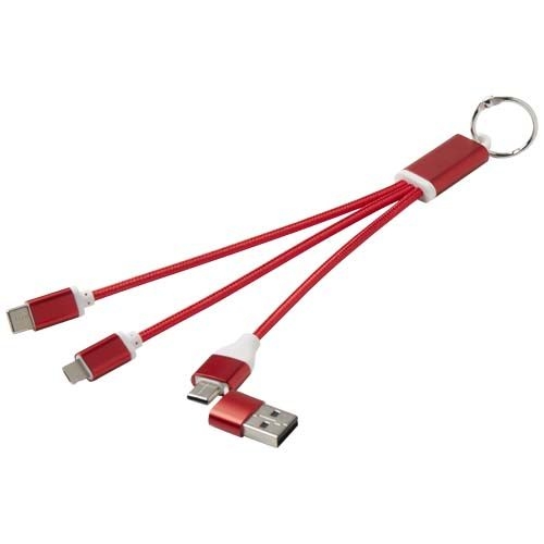 PF124382-1Metal 4-in-1 Ladekabel aus recyceltem Aluminium mit Schluesselanhaenger_ rot