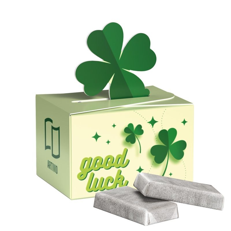 JG10219Geschenkbox Mini Kleeblatt Schokotaefelchen