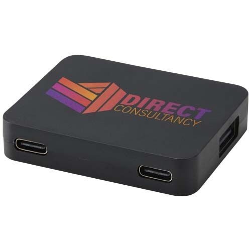 PF124449-2Gaia 4 Port USB Hub mit USB-A- und Typ-C-Ausgang und zwei Eingaengen aus recyceltem Kunststoff_ schwa