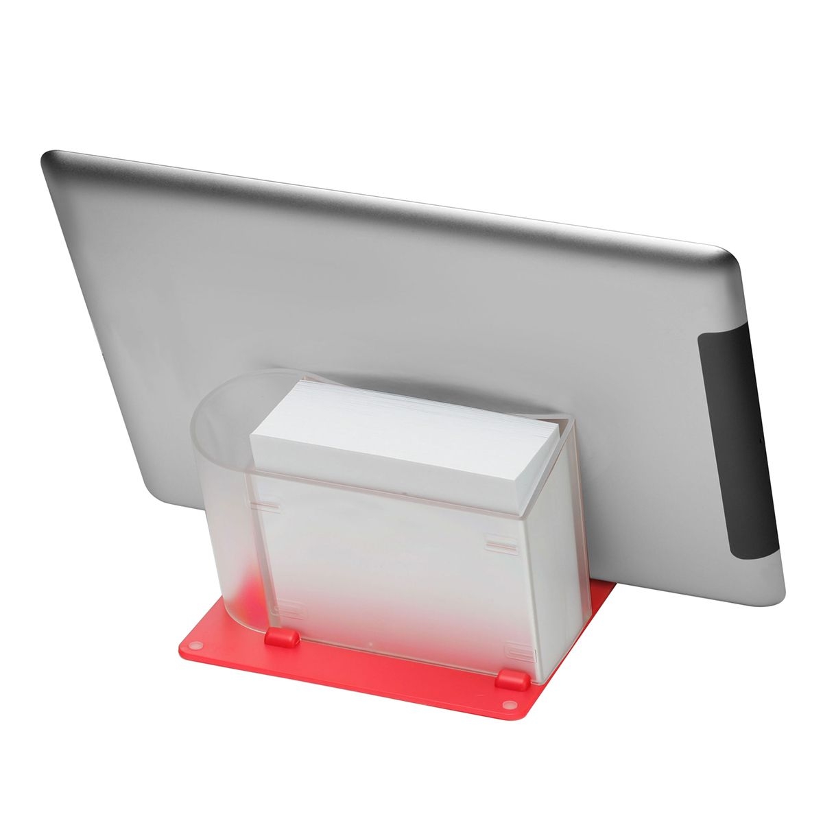 HE7843KPC-F7-1Smartphone-_Tabletstaender mit Zettelbox und Koecher_ gefrostet glasklar_ rot