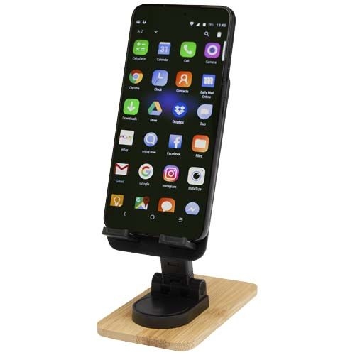 PF124464-2Alfirk Klappbare Smartphonehalterung  aus recyceltem Kunststoff mit Bambusdetails_ schwarz