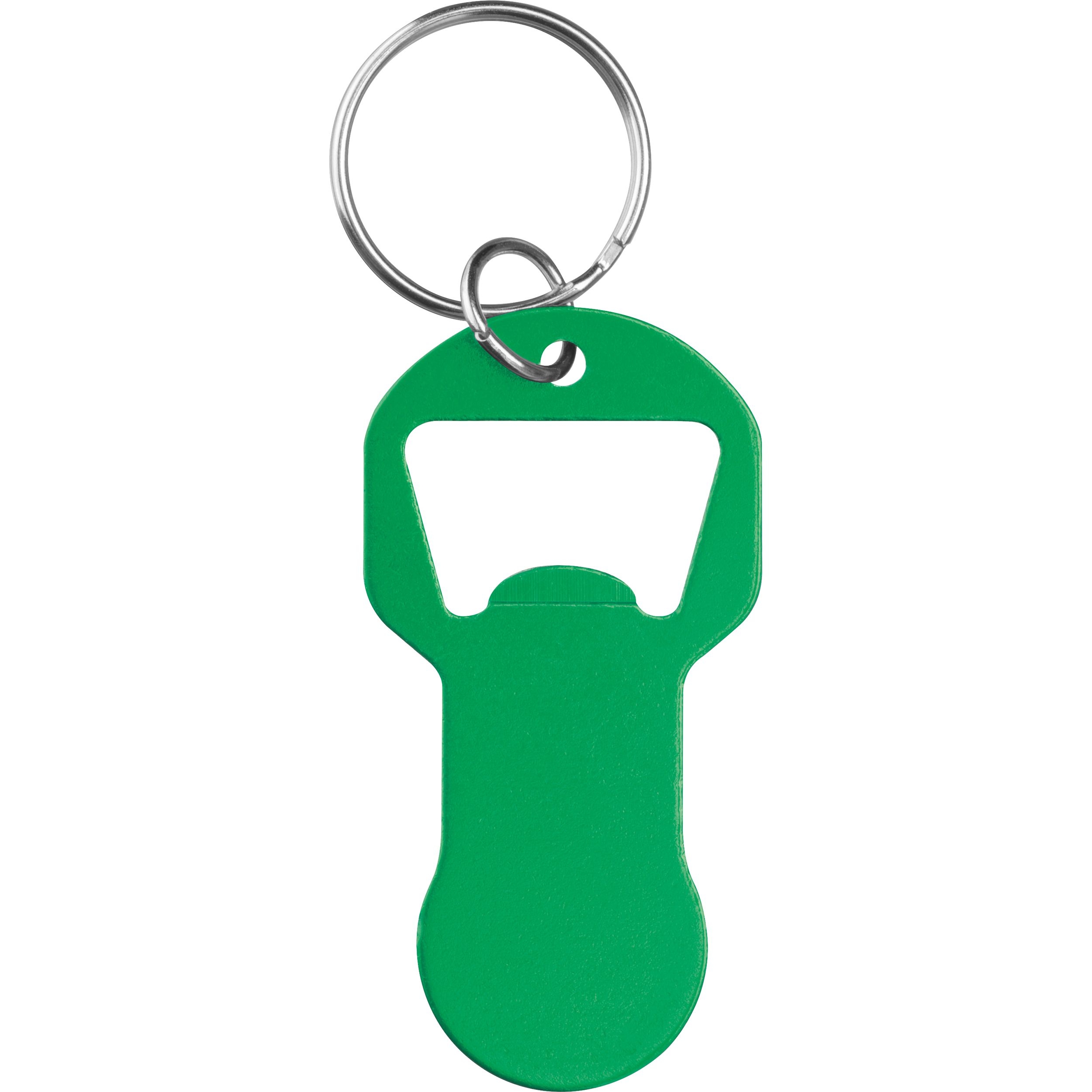 MA95445-09Recycelter Alu Schluesselanhaenger mit Einkaufswagenloeser und Flaschenoeffner OLIVER _ gruen