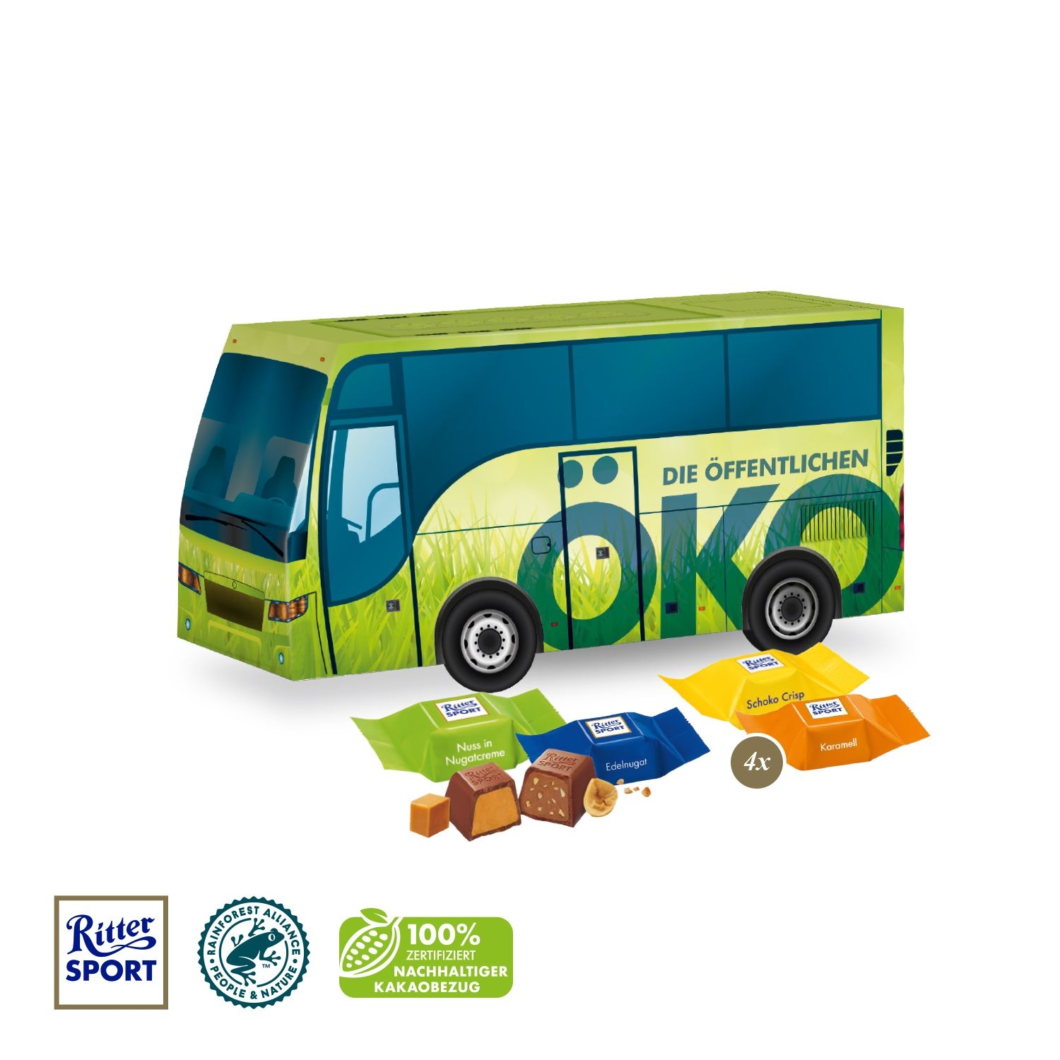 CD95561-013D Praesent _Bus_ mit Ritter SPORT Schokowuerfel_ Ritter Sport Schokowuerfel