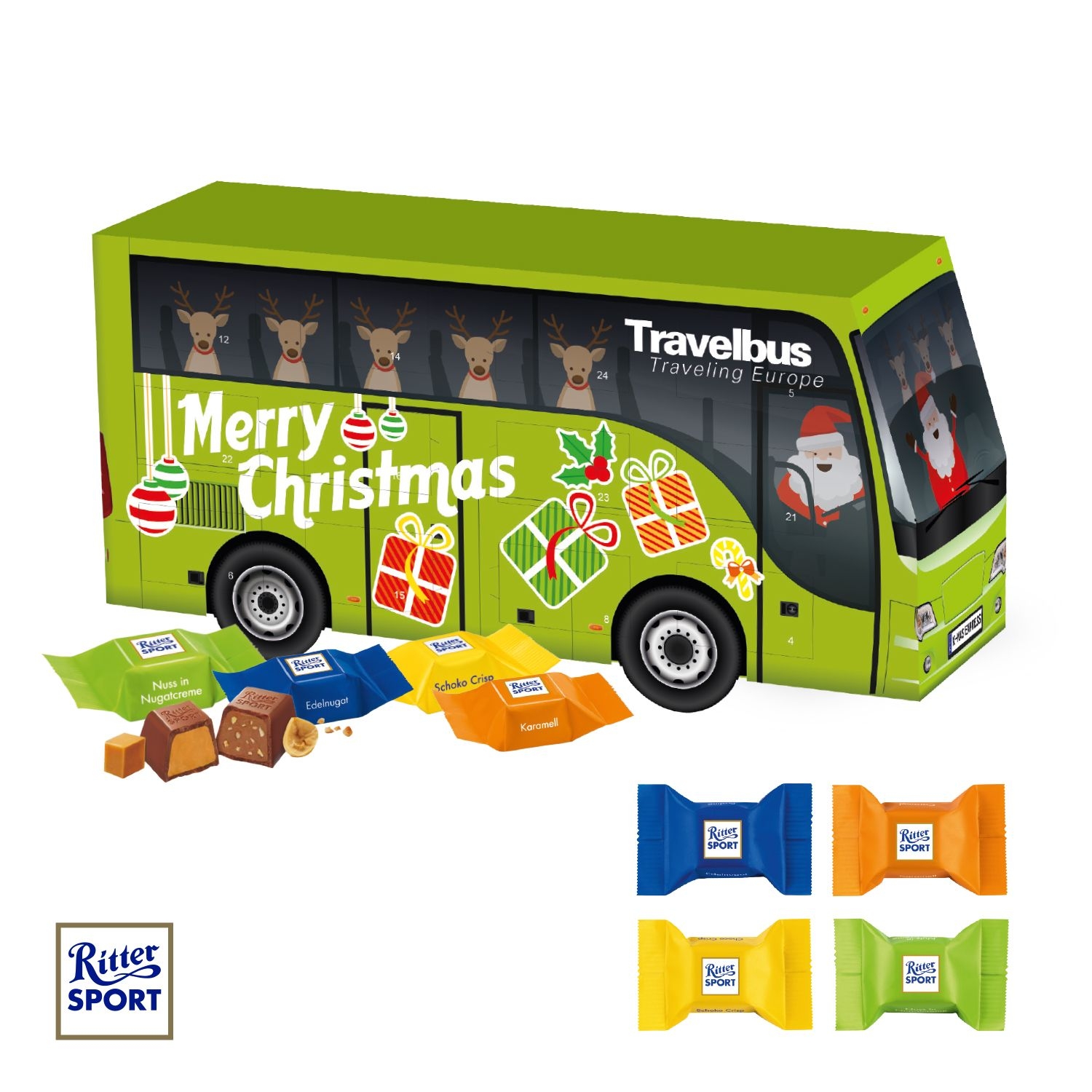CD951553D Adventskalender Bus mit Ritter SPORT Schokowuerfel