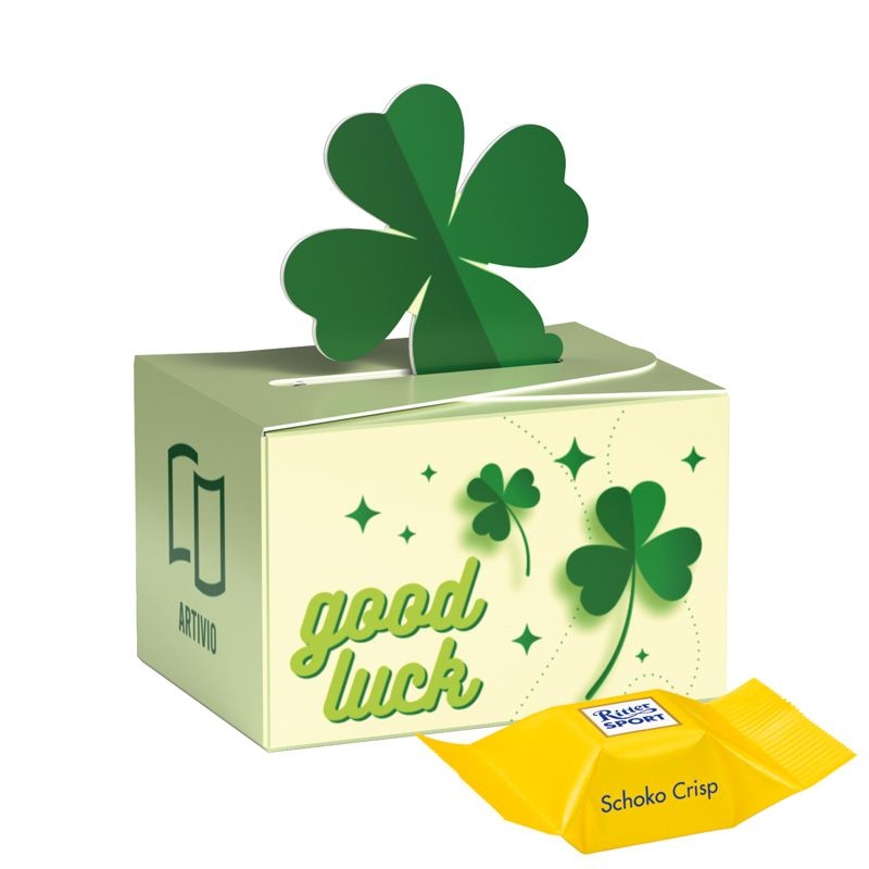 JG10239-4Geschenkbox Mini Kleeblatt Ritter SPORT_ Ritter Sport Schokowuerfel_ Schoko Crisp