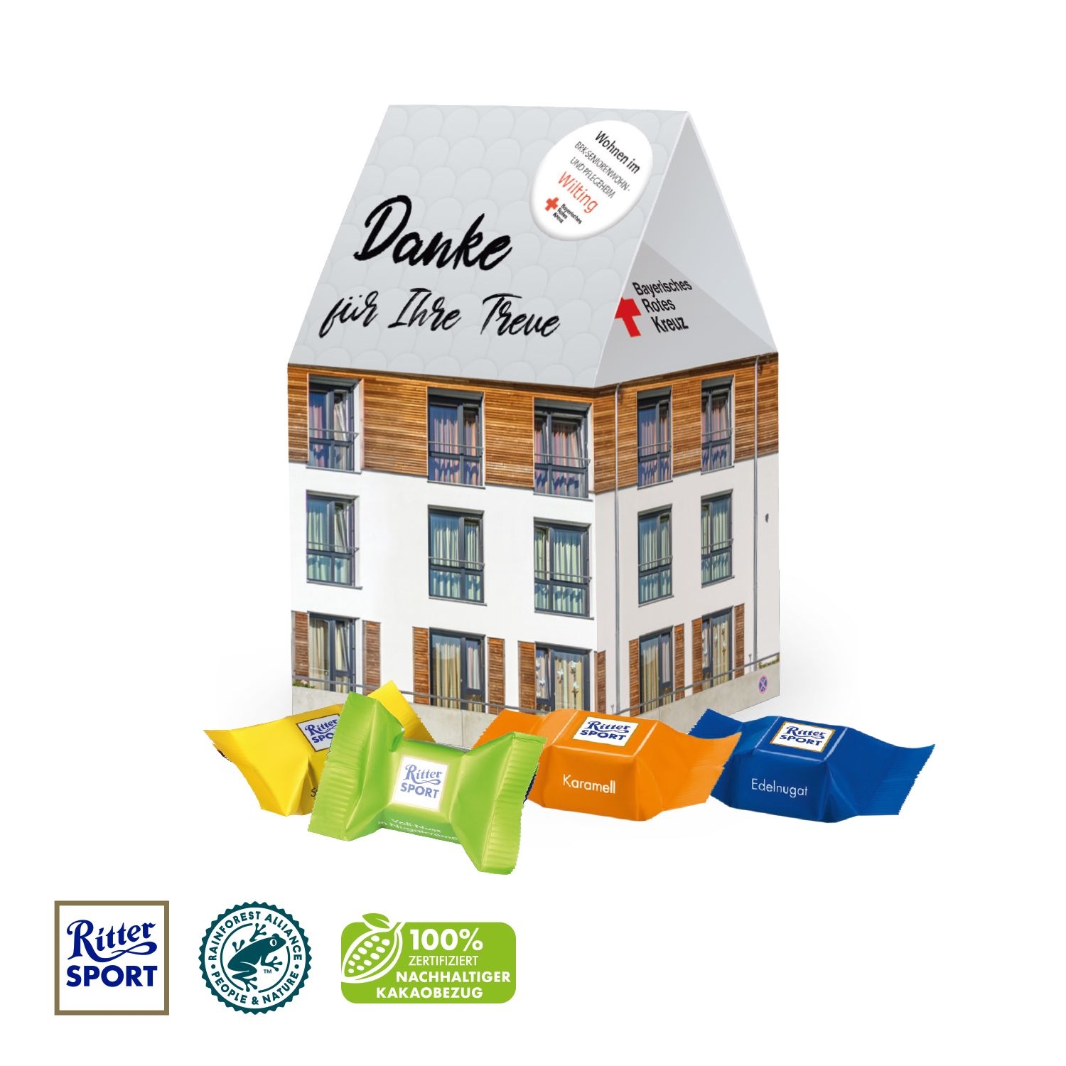 CD91718-013D Praesent _Haus_ mit Ritter SPORT Schokowuerfel_ Ritter Sport Schokowuerfel