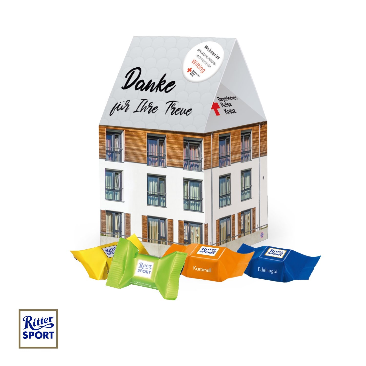 CD91718-013D Praesent Haus mit Ritter SPORT Schokowuerfel_ Ritter Sport Schokowuerfel