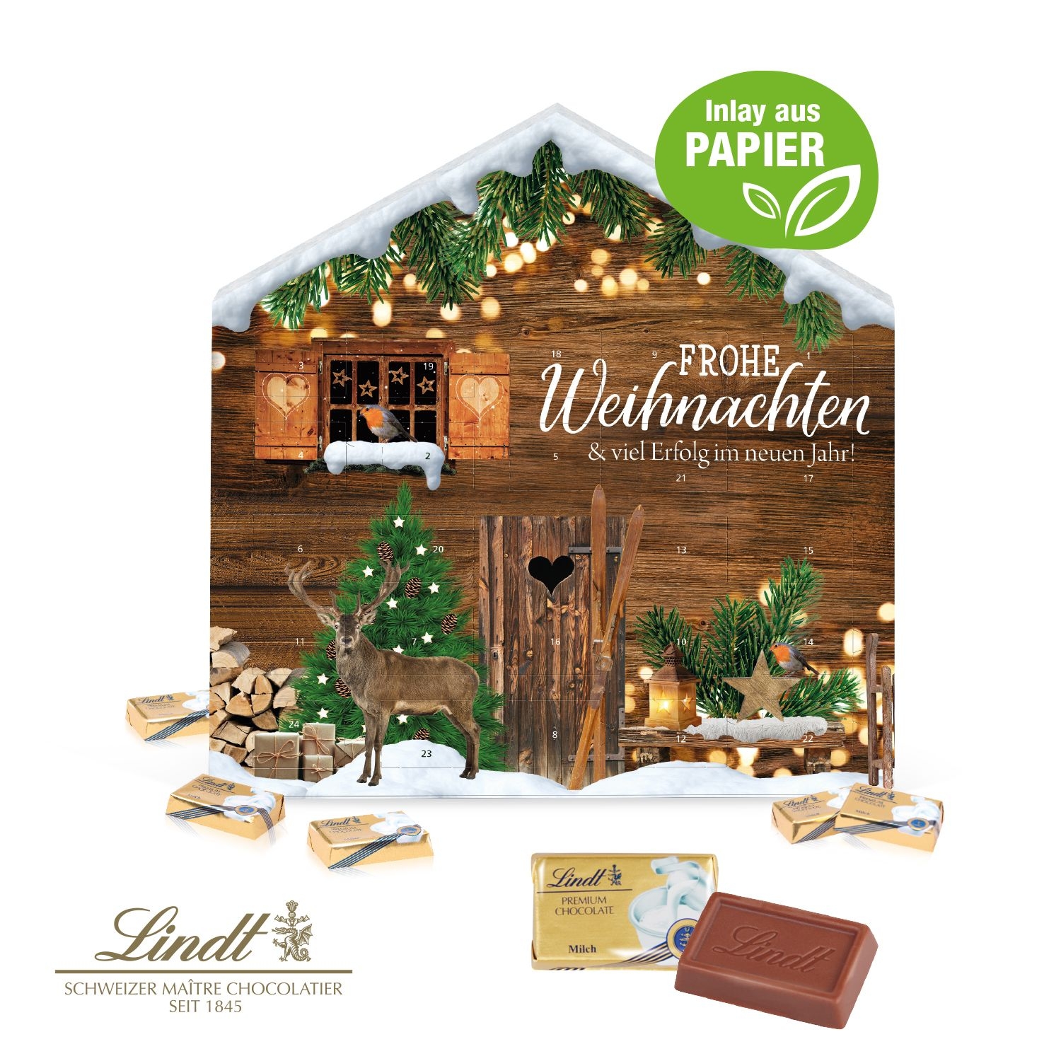 CD55412-01Adventskalender Weihnachtshaus _Exklusiv_ mit Lindt Schokolade_ Inlay aus Papier_ Motiv-Vorlage