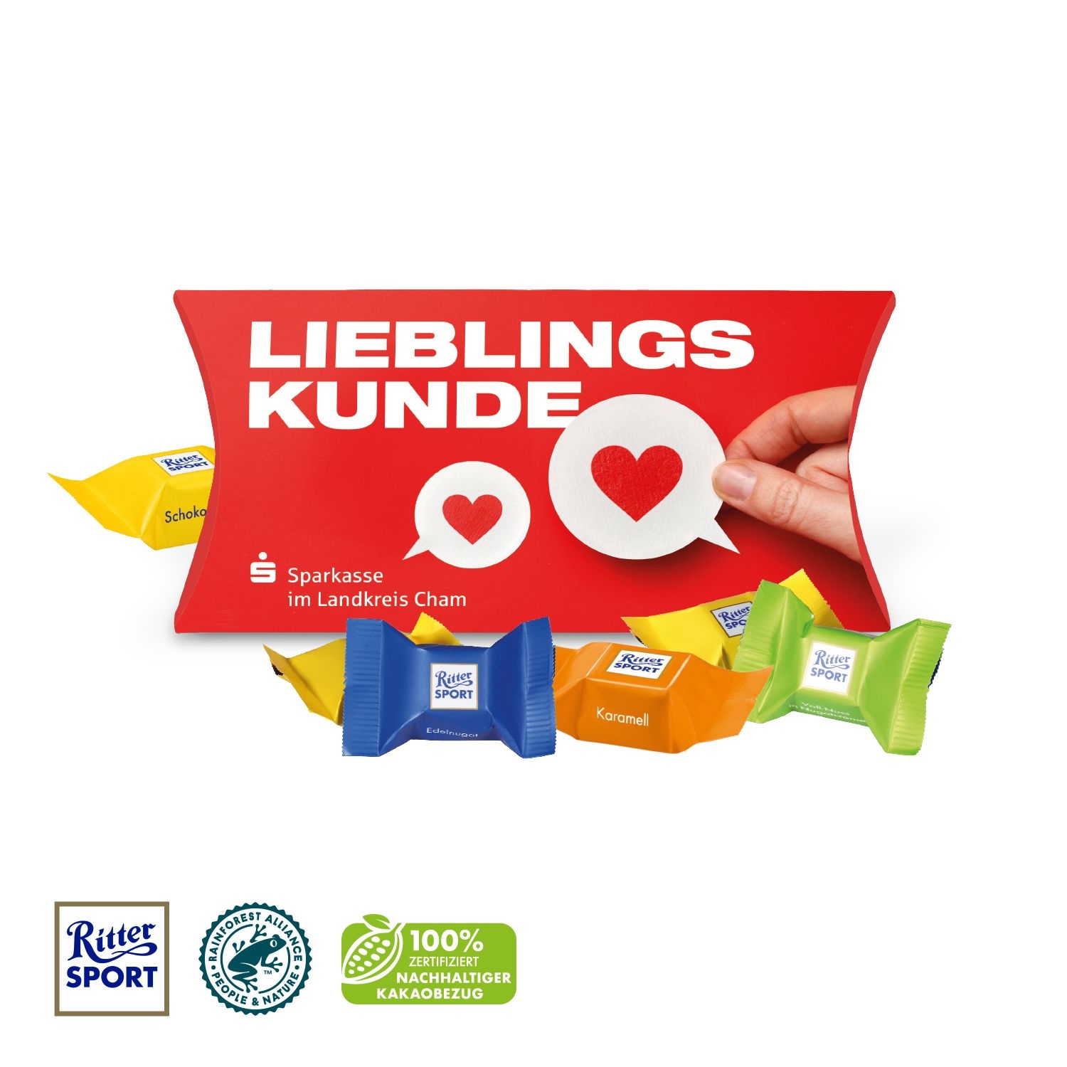 CD91195-01Kissenverpackung _Creative_ mit Ritter SPORT Schokowuerfel_ Ritter Sport Schokowuerfel