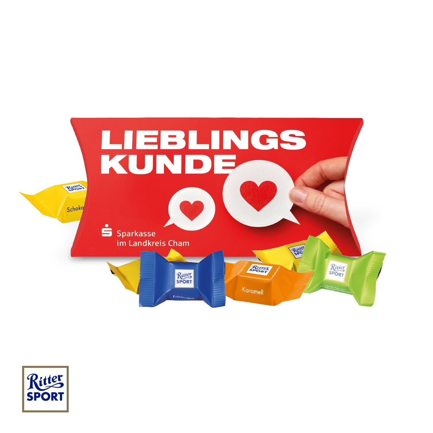 CD91195-01Kissenverpackung Creative mit Ritter SPORT Schokowuerfel_ Ritter Sport Schokowuerfel