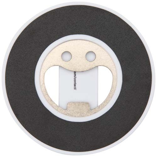 PF124461-1Ain Magnetische Smartphonehalterung  aus recyceltem Kunststoff mit Flaschenoeffner _ weiss