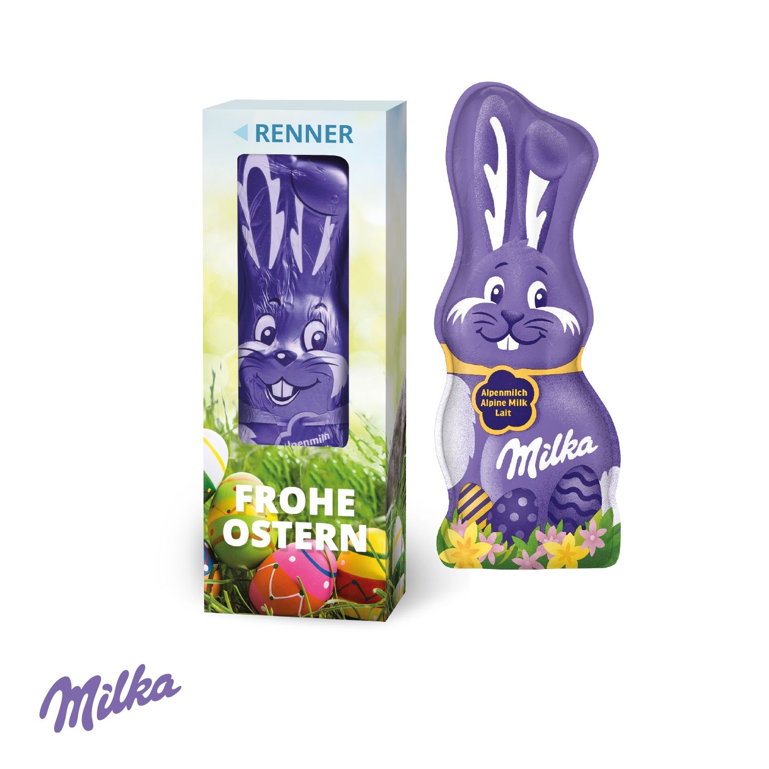 CD94572-01Milka Schmunzelhase in der Werbebox_ 45 g_ Milka Schmunzelhase