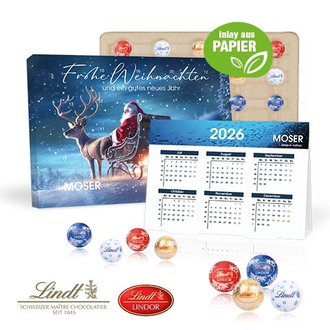 CD55367„2 in 1“ Marken-Adventskalender Lindt Lindor Minis mit Jahresplaner_ Inlay aus Papier