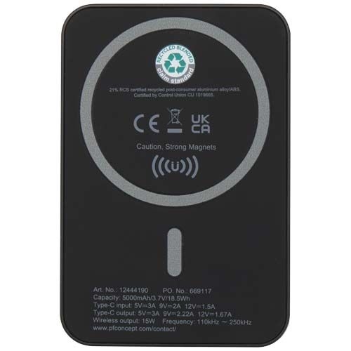 PF124441-2Acrab 15 W 5.000 mAh magnetische kabellose Powerbank mit 20 W PD aus recyceltem Kunststoff_ schwarz