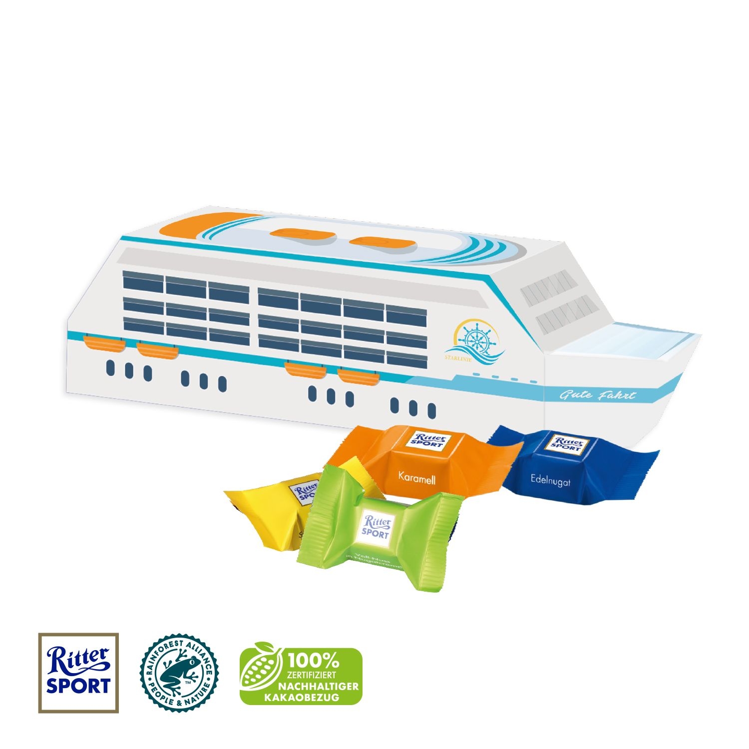 CD91729-013D Praesent _Schiff_ mit Ritter SPORT Schokowuerfel_ Ritter Sport Schokowuerfel