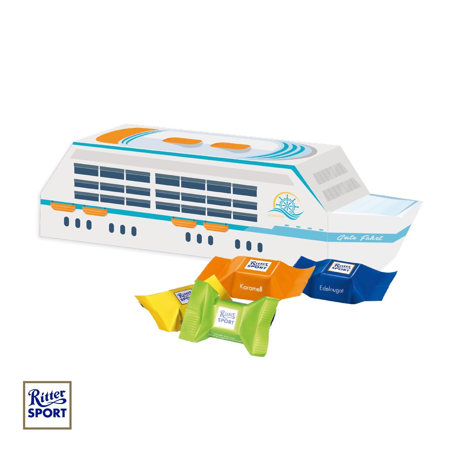 CD91729-013D Praesent Schiff mit Ritter SPORT Schokowuerfel_ Ritter Sport Schokowuerfel