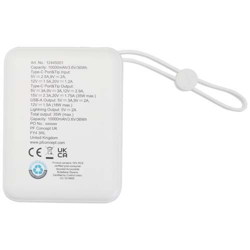 PF124450-1Acrux 35 W 10.000 mAh Tablet Powerbank mit integriertem Typ-C-Kabel aus recyceltem Kunststoff_ weiss