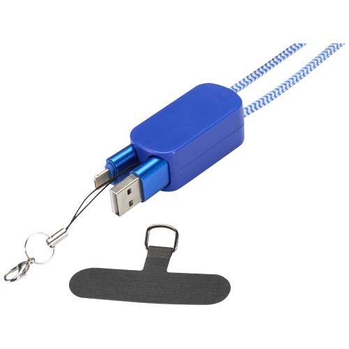 PF124494-3Anser Smartphone Lanyard aus recyceltem Kunststoff mit 27 W 5-in-1 integriertem Kabel_ royalblau