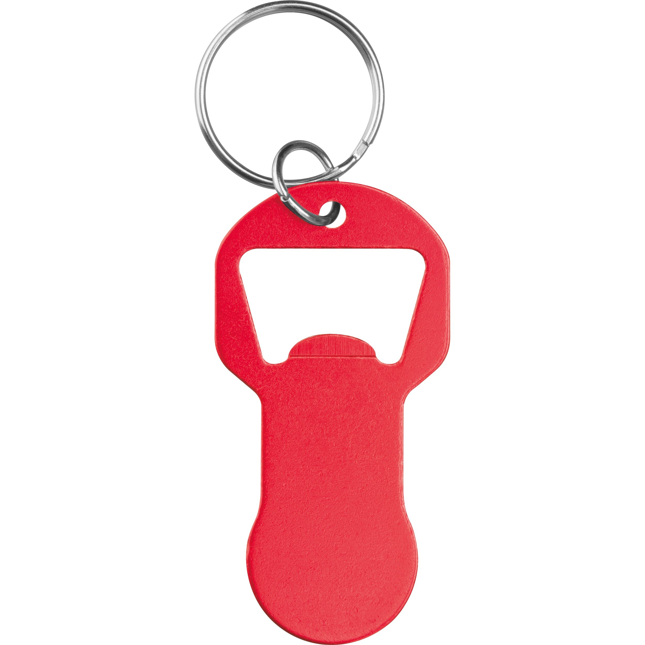 MA95445-05Recycelter Alu Schluesselanhaenger mit Einkaufswagenloeser und Flaschenoeffner OLIVER _ rot