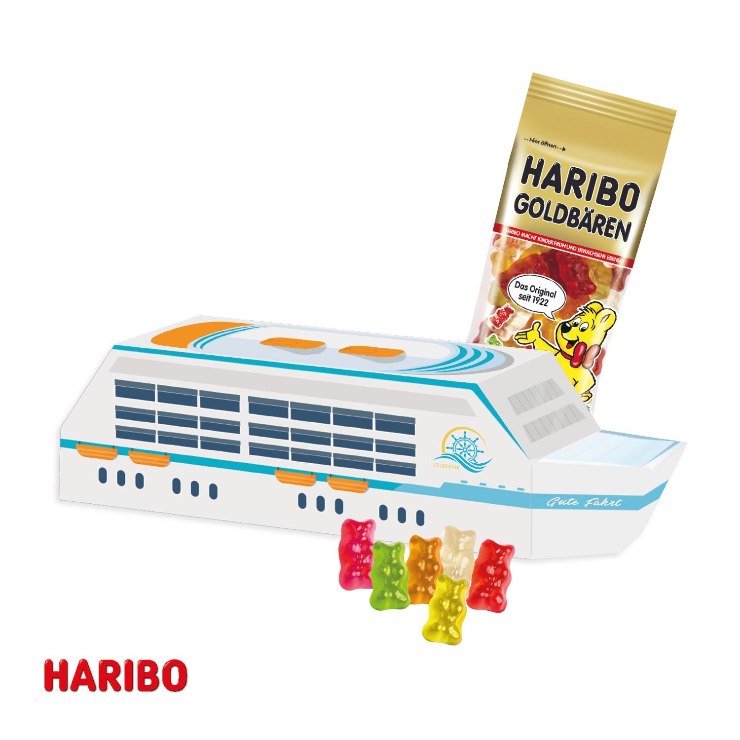 CD91735-013D Praesent Schiff mit Haribo Goldbaeren_ HARIBO Goldbaeren