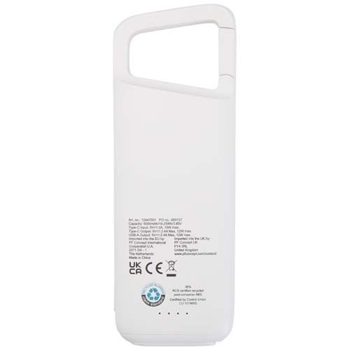 PF124470-1Alkes 12 W 5.000 mAh wasserfeste Powerbank aus recyceltem Kunststoff mit Karabinerhaken_ weiss