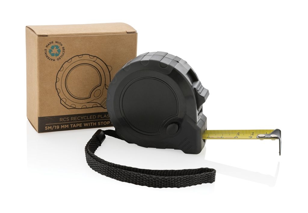 XDP112_13-15m_19mm Massband mit Stop-Taste aus RCS recycelt. Kunststoff_ schwarz