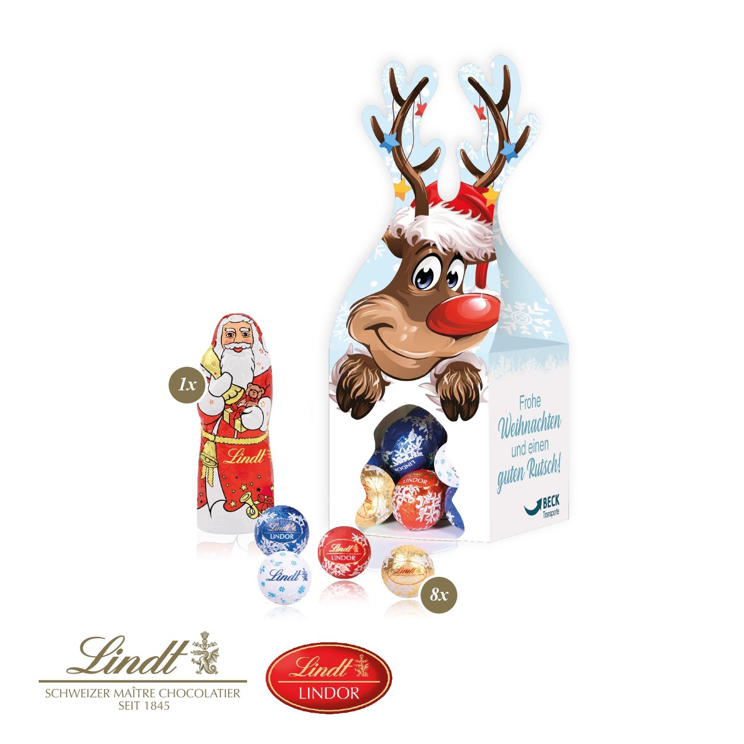 CD95519-013D Praesent Rentier mit Lindt Minis und Nikolaus_ Lindt Schokoladenmischung