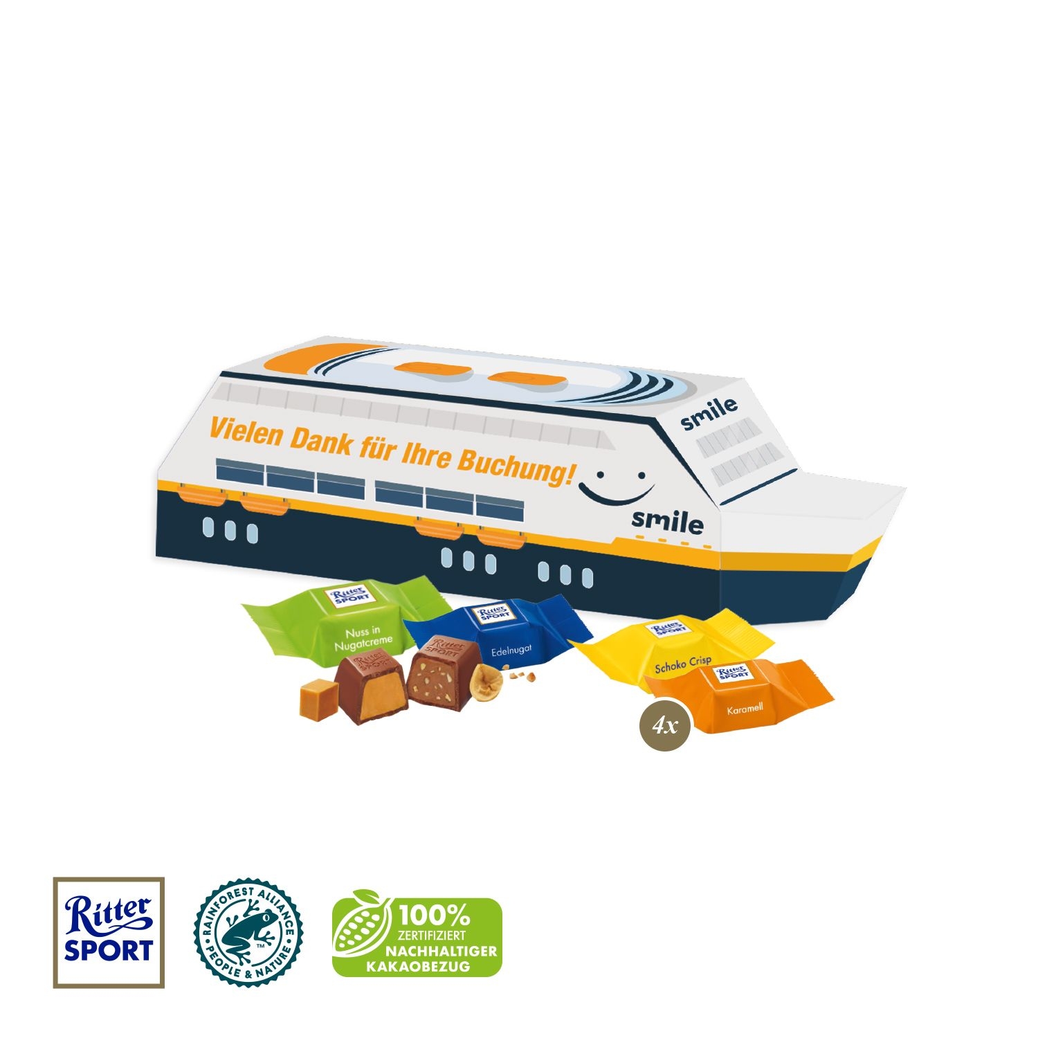 CD95593-013D Praesent _Schiff_ mit Ritter SPORT Schokowuerfel_ Ritter Sport Schokowuerfel