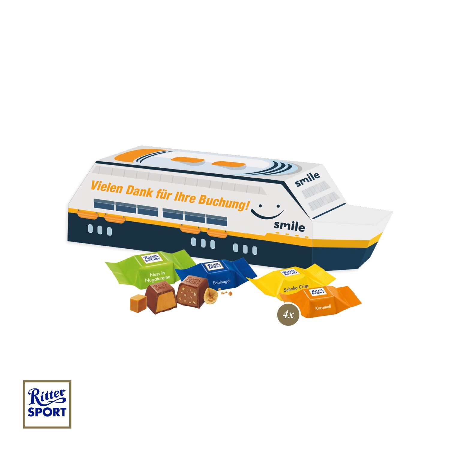 CD95593-013D Praesent Schiff mit Ritter SPORT Schokowuerfel_ Ritter Sport Schokowuerfel