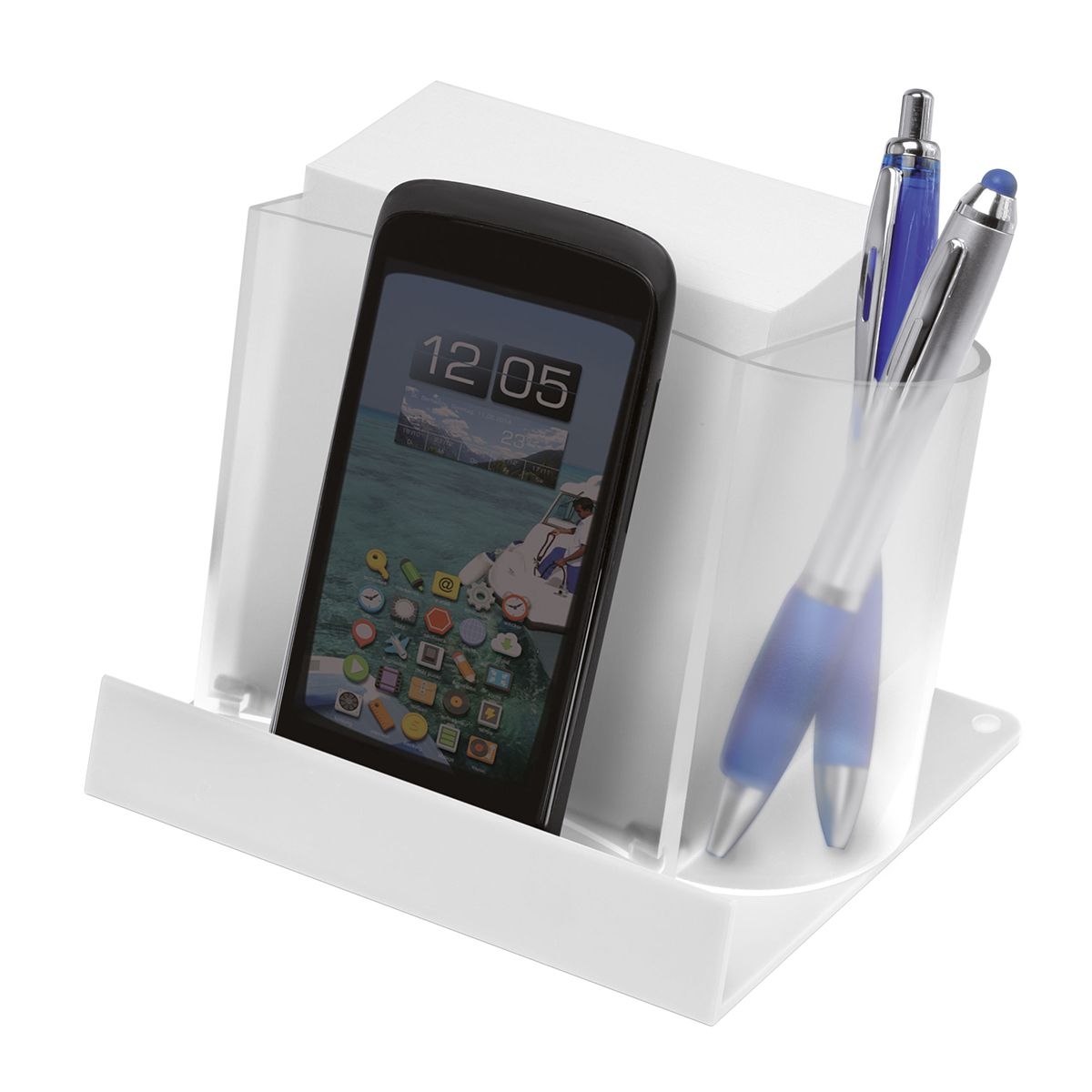 HE7843KPC-F7-0Smartphone-_Tabletstaender mit Zettelbox und Koecher_ gefrostet glasklar_ weiss