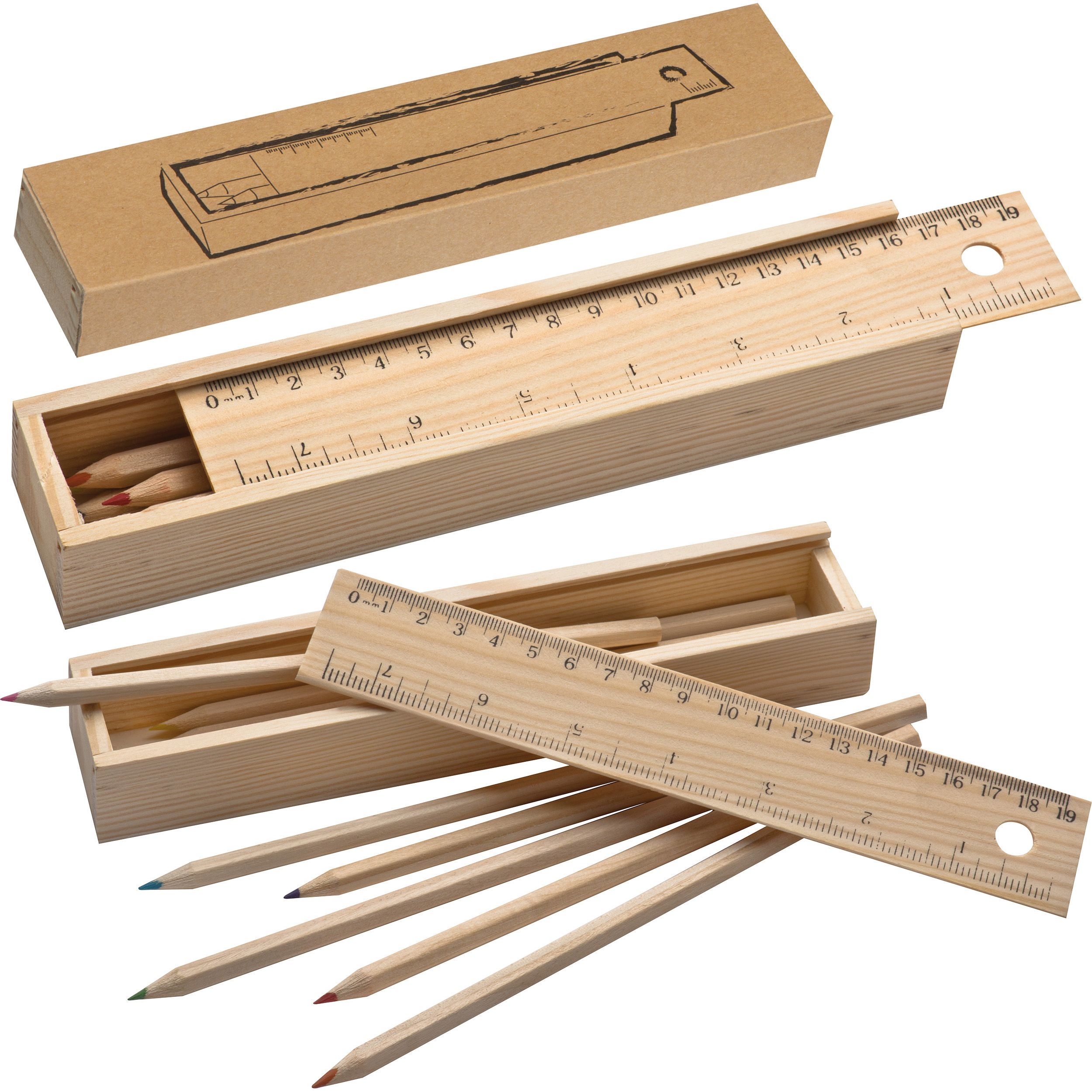 MA53944-01Holzbox mit 8 Buntstiften und Lineal ADELE_ braun