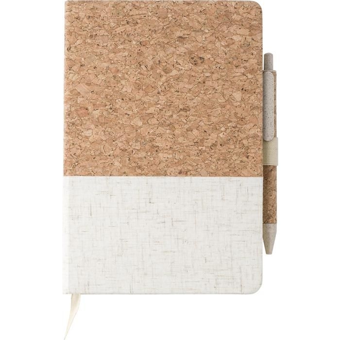 GI9312-11Cork-Line Notizbuch aus Kork und Leinen und Kugelschreiber aus Weizenstroh Kenzo_ brown
