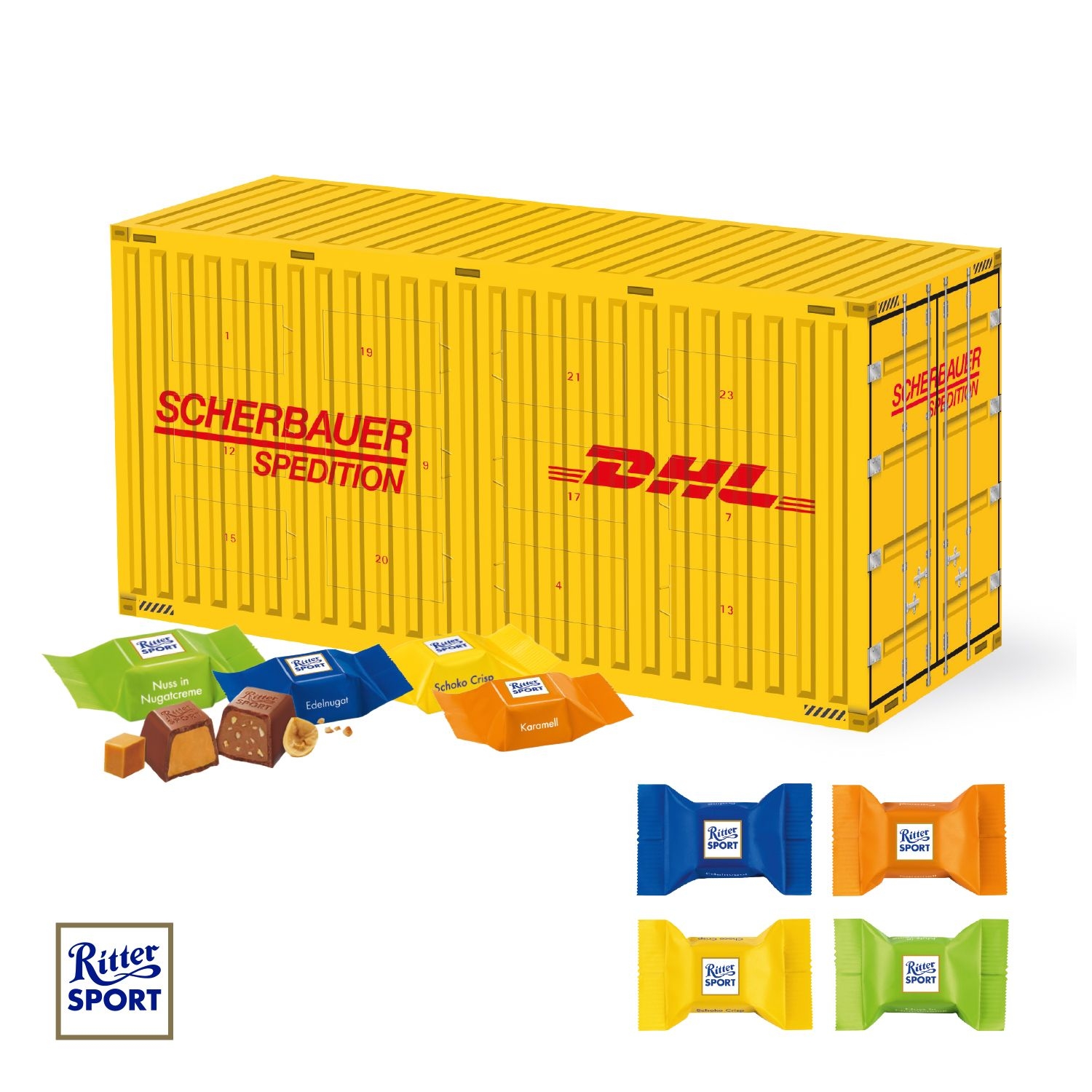 CD95154-023D Adventskalender Container mit Ritter SPORT Schokowuerfel_ Individuelles Motiv