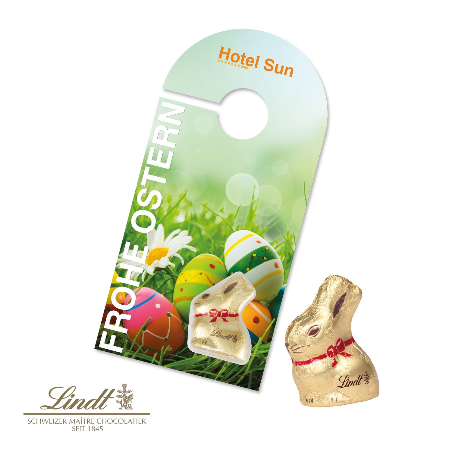 CD94564Schokokarte Tueranhaenger mit Lindt Goldhase