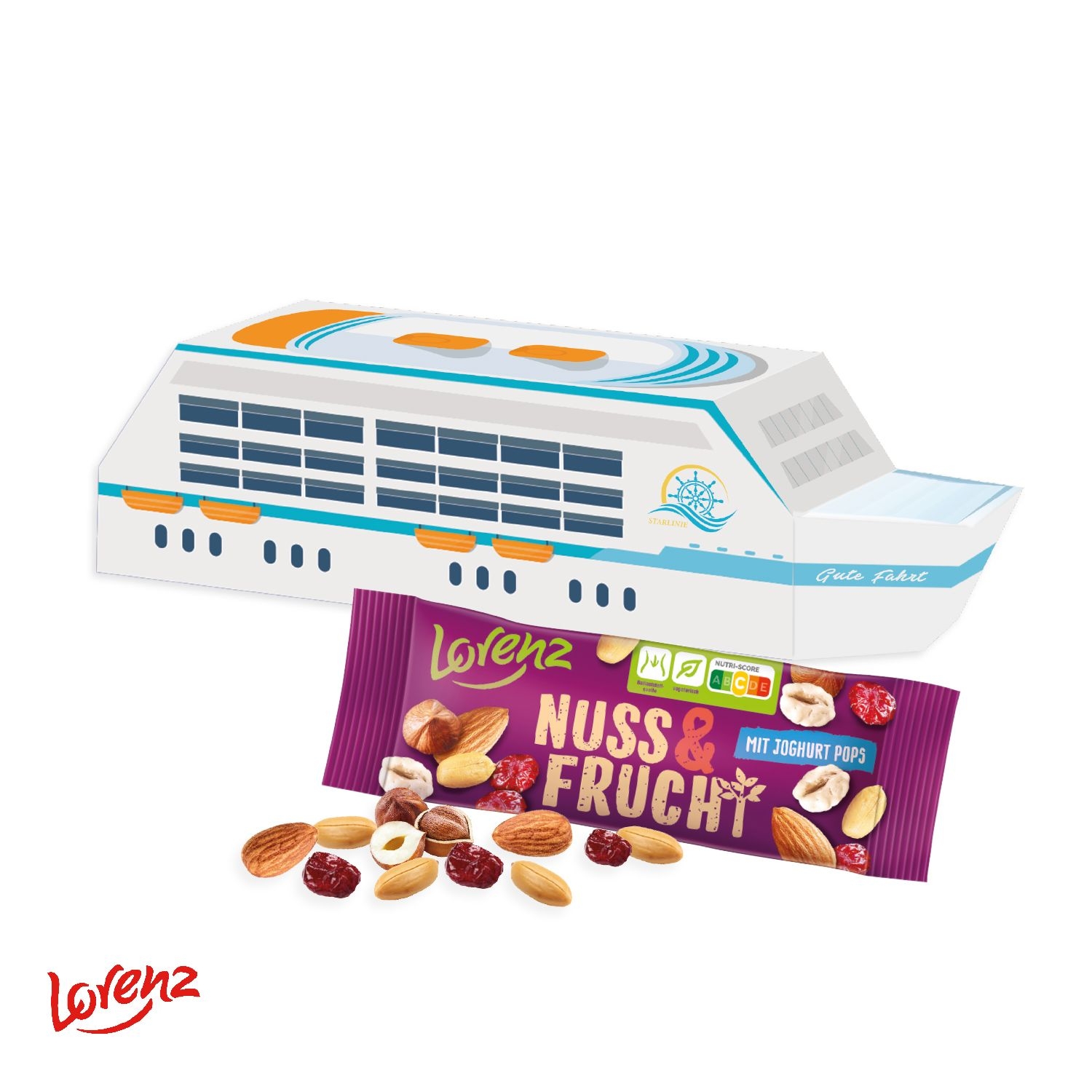 CD91736-013D Praesent Schiff mit Lorenz Nuss _ Frucht_ Lorenz Nuss _ Frucht