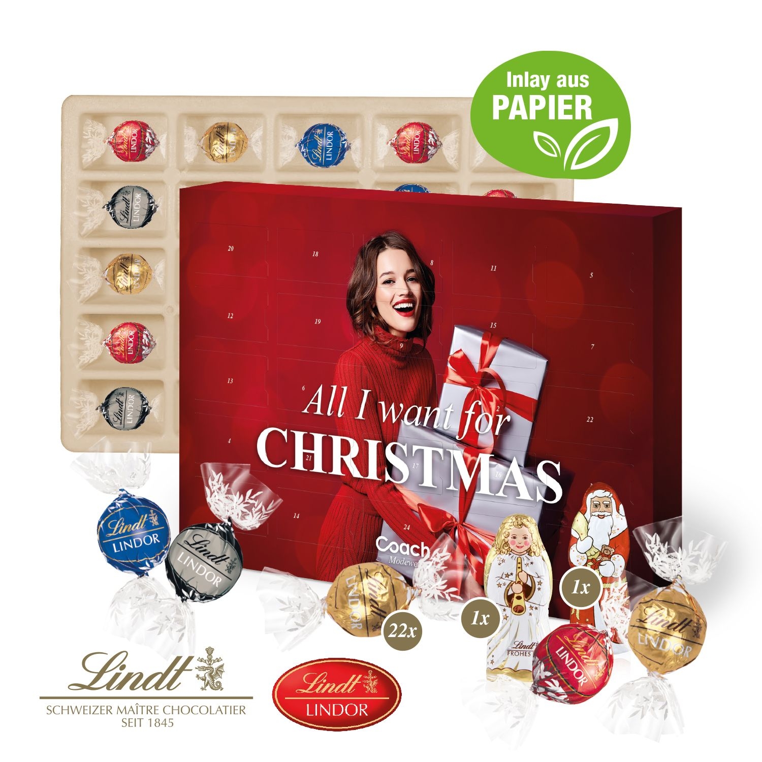 CD55403Adventskalender Lindt Lindor mit Santa _ Engel_ Inlay aus Papier