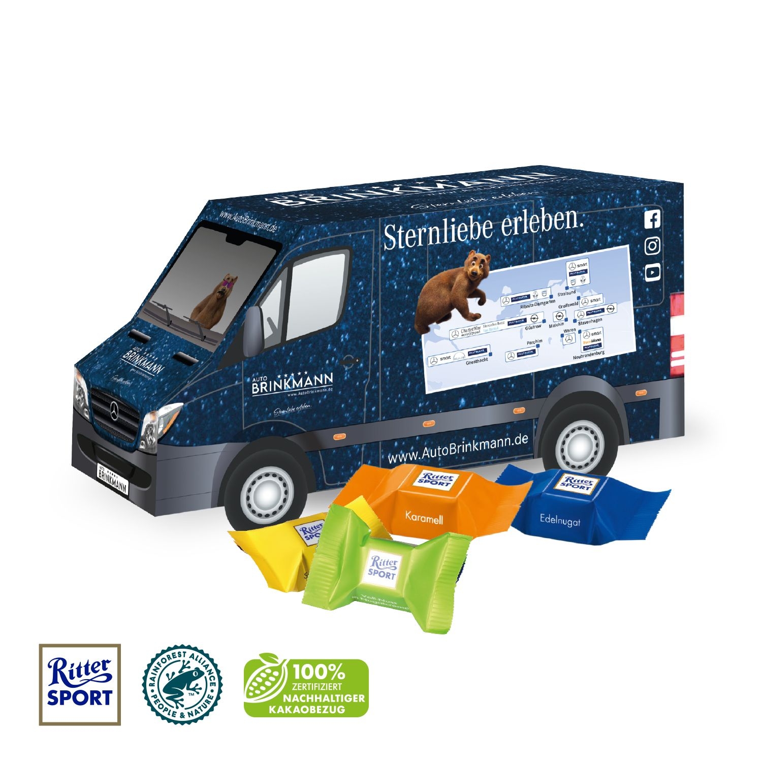 CD91707-013D Praesent _Transporter_ mit Ritter SPORT Schokowuerfel_ Ritter Sport Schokowuerfel