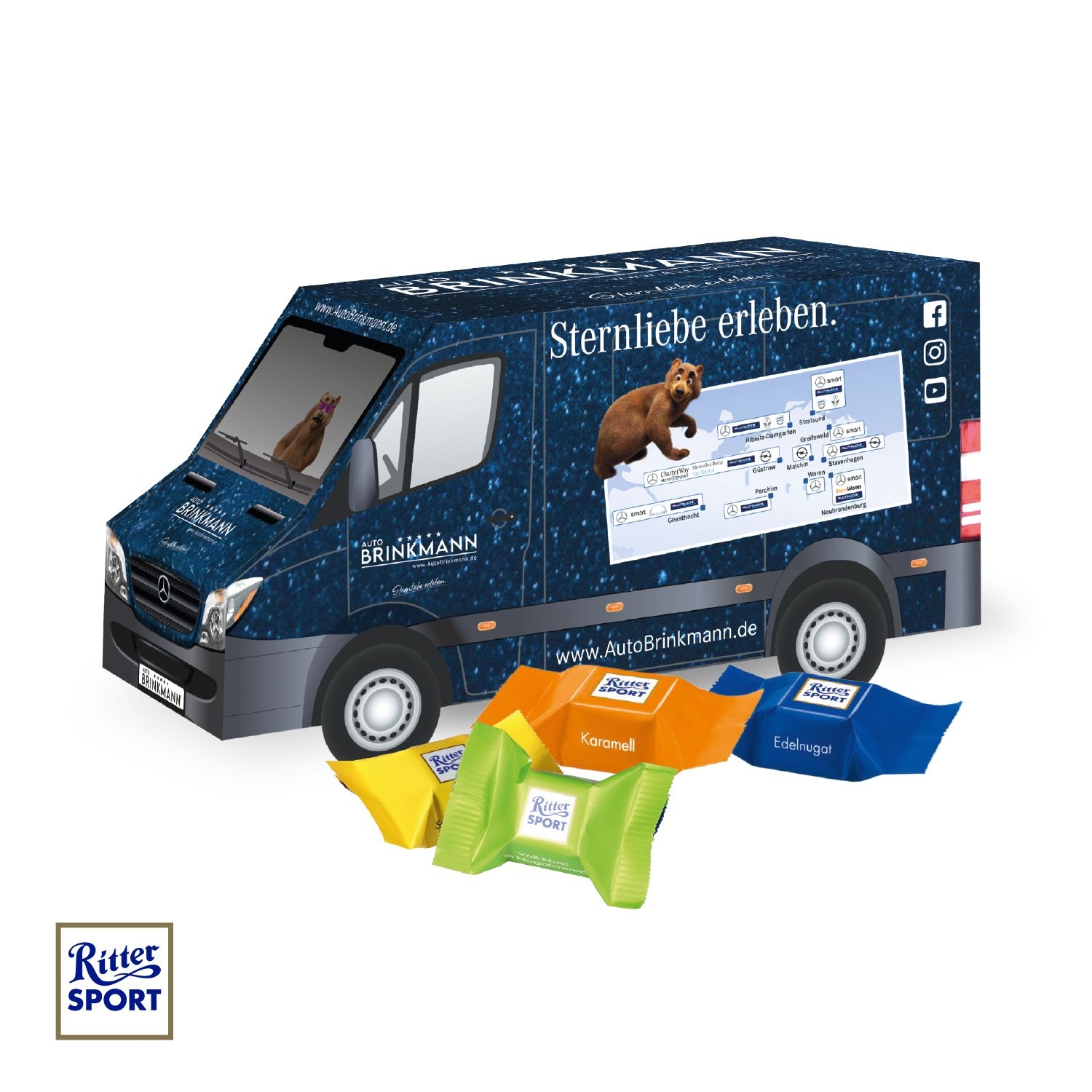 CD91707-013D Praesent Transporter mit Ritter SPORT Schokowuerfel_ Ritter Sport Schokowuerfel