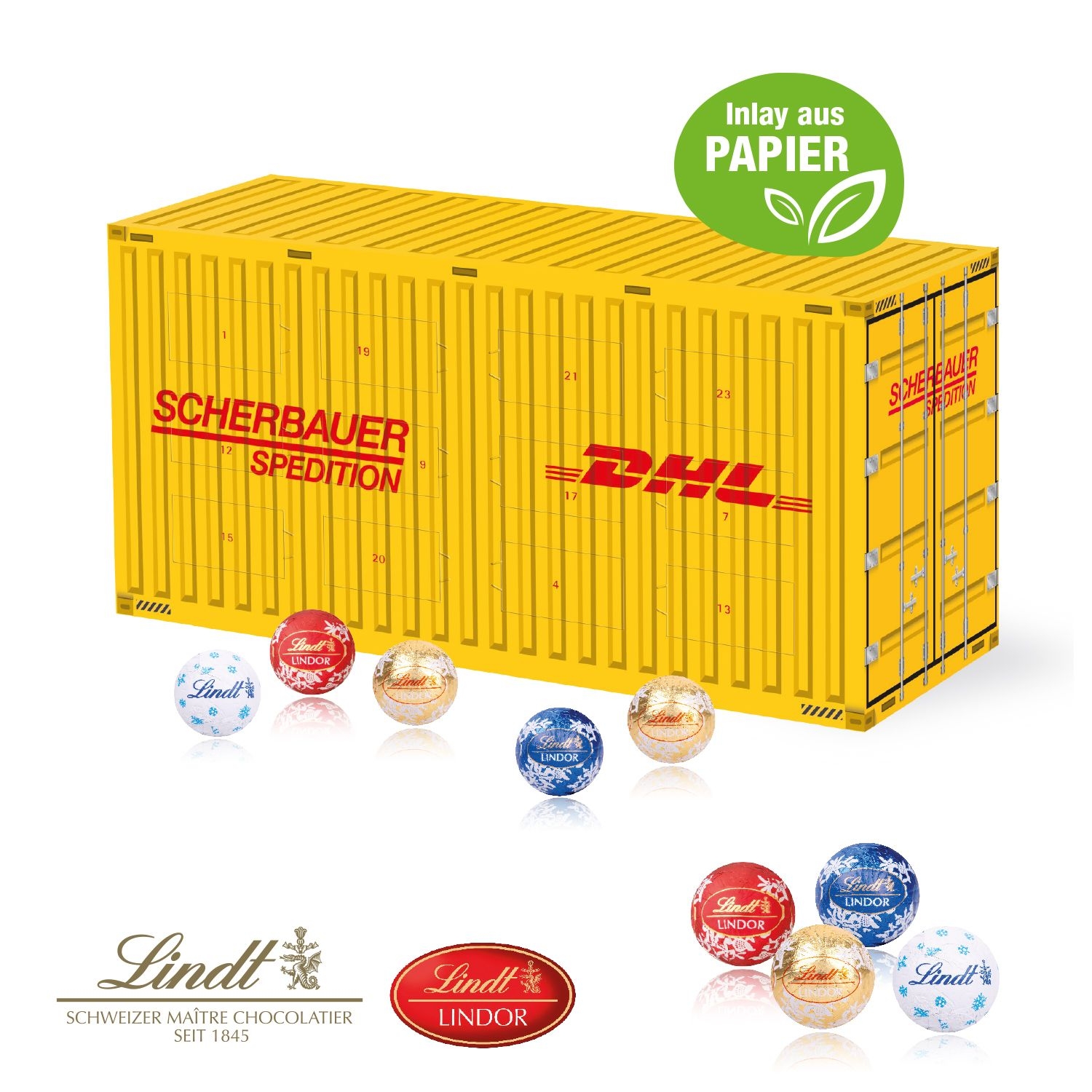 CD553543D Adventskalender _Container_ mit Lindt Schokolade mit Papier-Inlay
