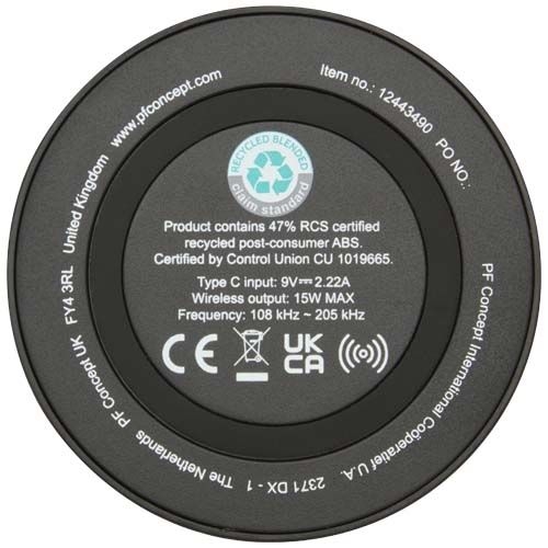 PF124434-2Freal 15W Kabelloses Ladepad aus recyceltem Kunststoff_ schwarz